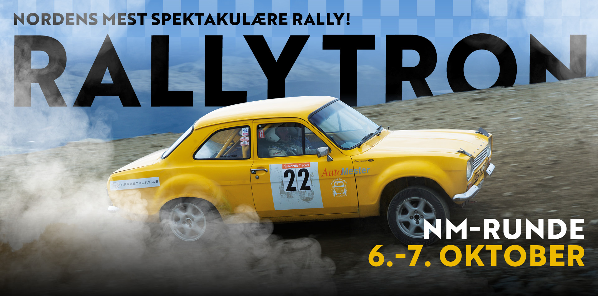 Rallybil oppover Tronfjell på Rally Tron, med tekst bak "Rally tron" og "nm runde 6-7 oktober"